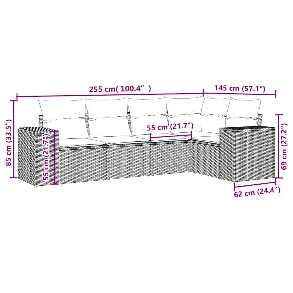 Set Divano da Giardino 5pz | Set Salotto da Giardino con Cuscini Grigio Chiaro Polyrattan