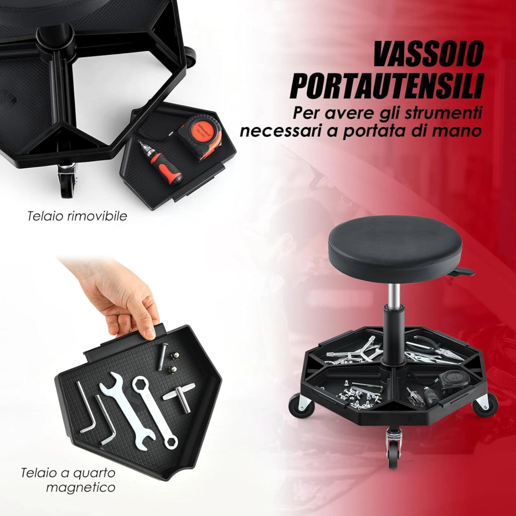 COSTWAY Sgabello da Officina con Ruote, con Ripiano per Attrezzi e Viti, Portata di 150 kg, Altezza Regolabile e Girevole, Sedia Meccanico per Garage, Officina (Nero)