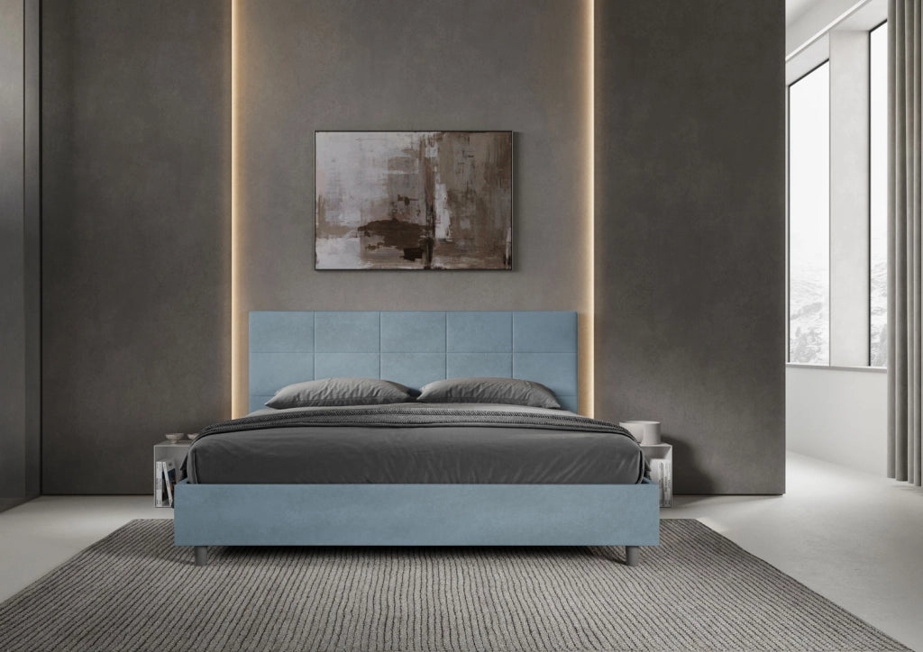 Letto Matrimoniale King Size 200x200 cm Senza Rete Imbottito in Microfibra Mika Azzurro