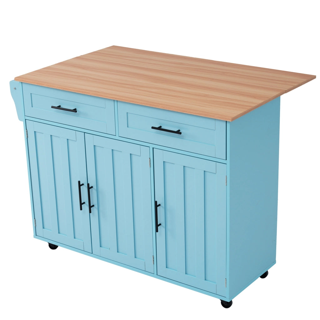 Carrello da cucina con piano pieghevole, 129x71x91,5 cm, blu, con cassetti, ripiani regolabili e ruote