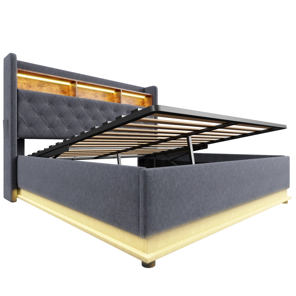 LETTO imbottito LED 160 x 200 cm grigio con USB e contenitore idraulico