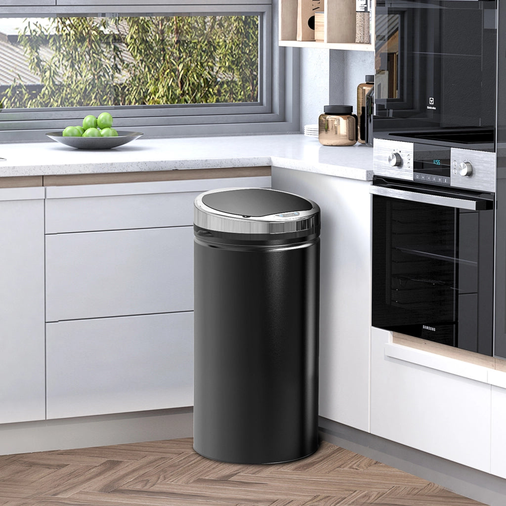 Cestino elettrico con coperchio, attivazione a sensore, da 42 litri, antiruggine, per bagno, ufficio, cucina, sala da pranzo, in acciaio, nero.