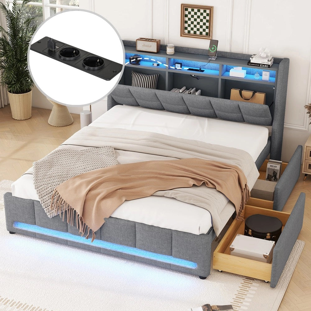 Letto Imbottito con Cassetti e LED ¨C MINIMAL ¨C Grigio, Tessuto Lino, 140x200