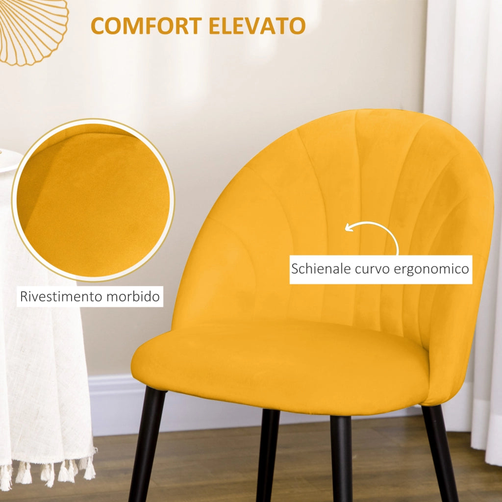 Sedia da Pranzo con Schienale a Conchiglia e Gambe in Metallo ¨C Minimal ¨C Velluto Giallo