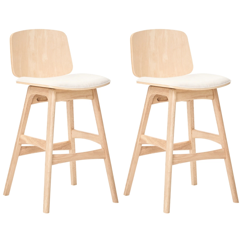 Set di 2 sgabelli da bar con struttura in legno e seduta in tessuto, senza braccioli, per zona pranzo, nei colori marrone chiaro e beige chiaro