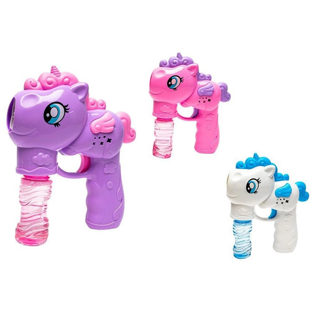 Trade Shop - Pistola Spara Bolle A Forma Di Pony Con 2 Flaconi Di Ricarica Da 50 Ml 3 Colori 6726065 -