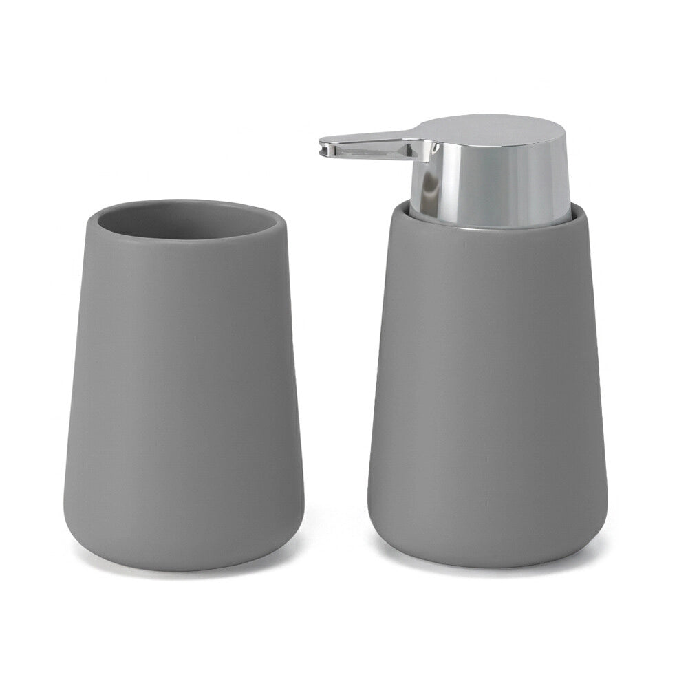 Set accessori bagno con dispenser e portaspazzolini grigio e cromo design tondo Sidney