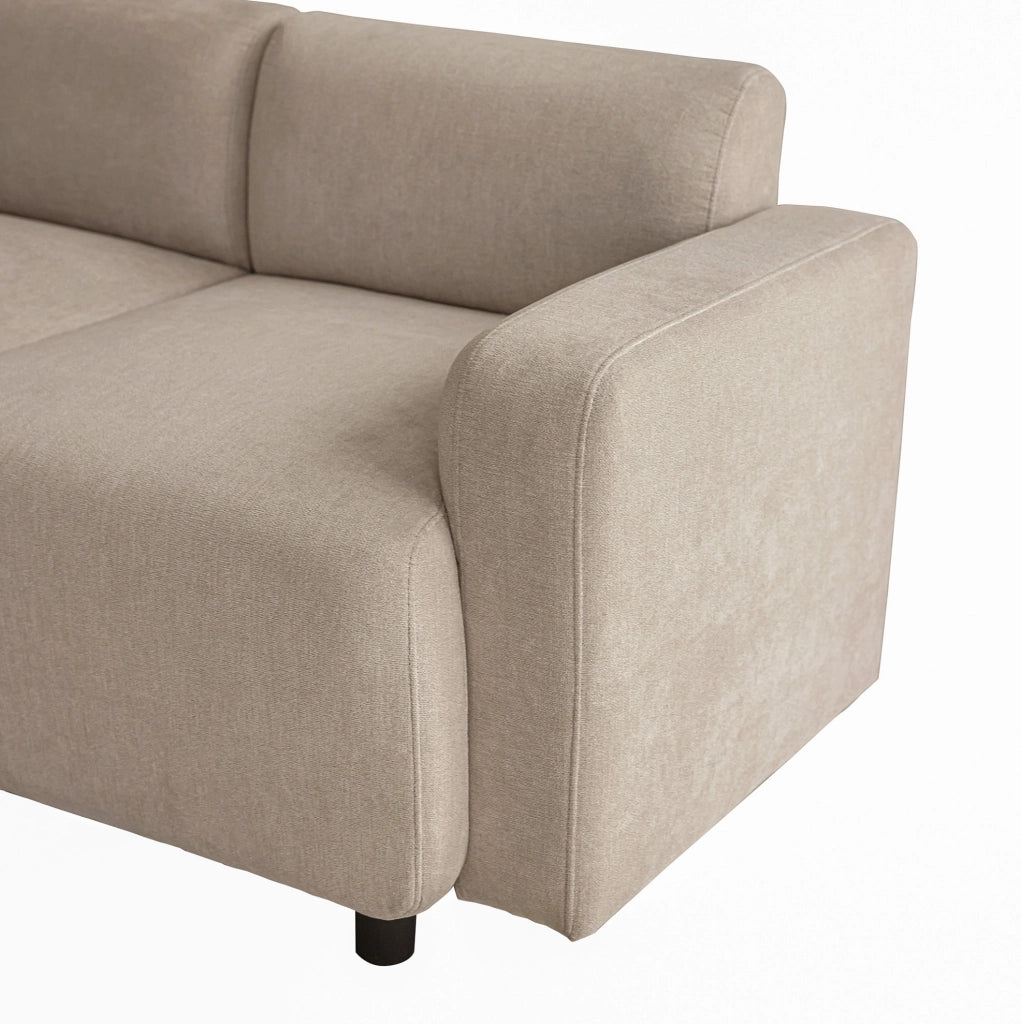 Divano a 3 posti in ciniglia beige con cuscini; design moderno; 211x67x71 cm
