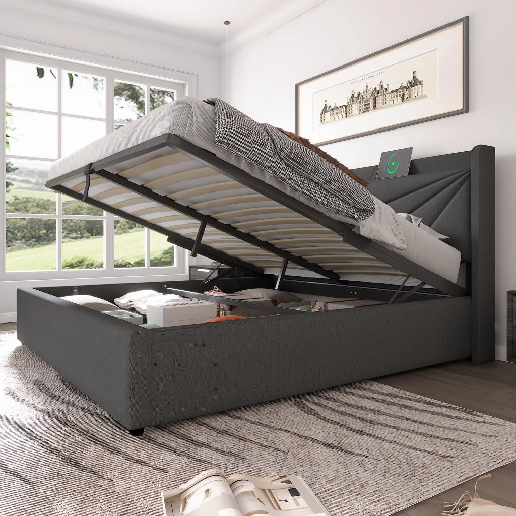 LETTO Contenitore 140x200 cm Grigio in cotone e lino con USB e Tipo C