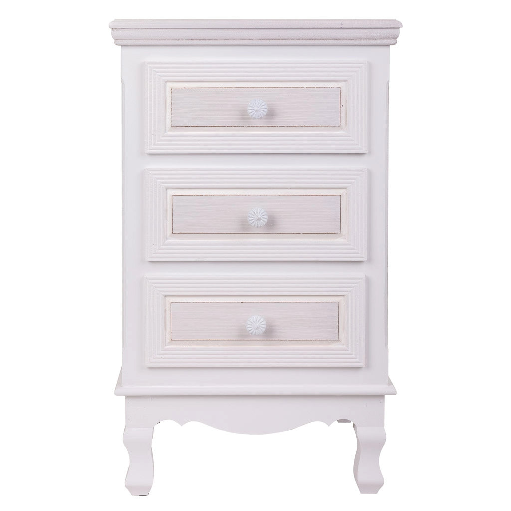 Comodino in legno con 3 cassetti bianchi 41x33,5x68.