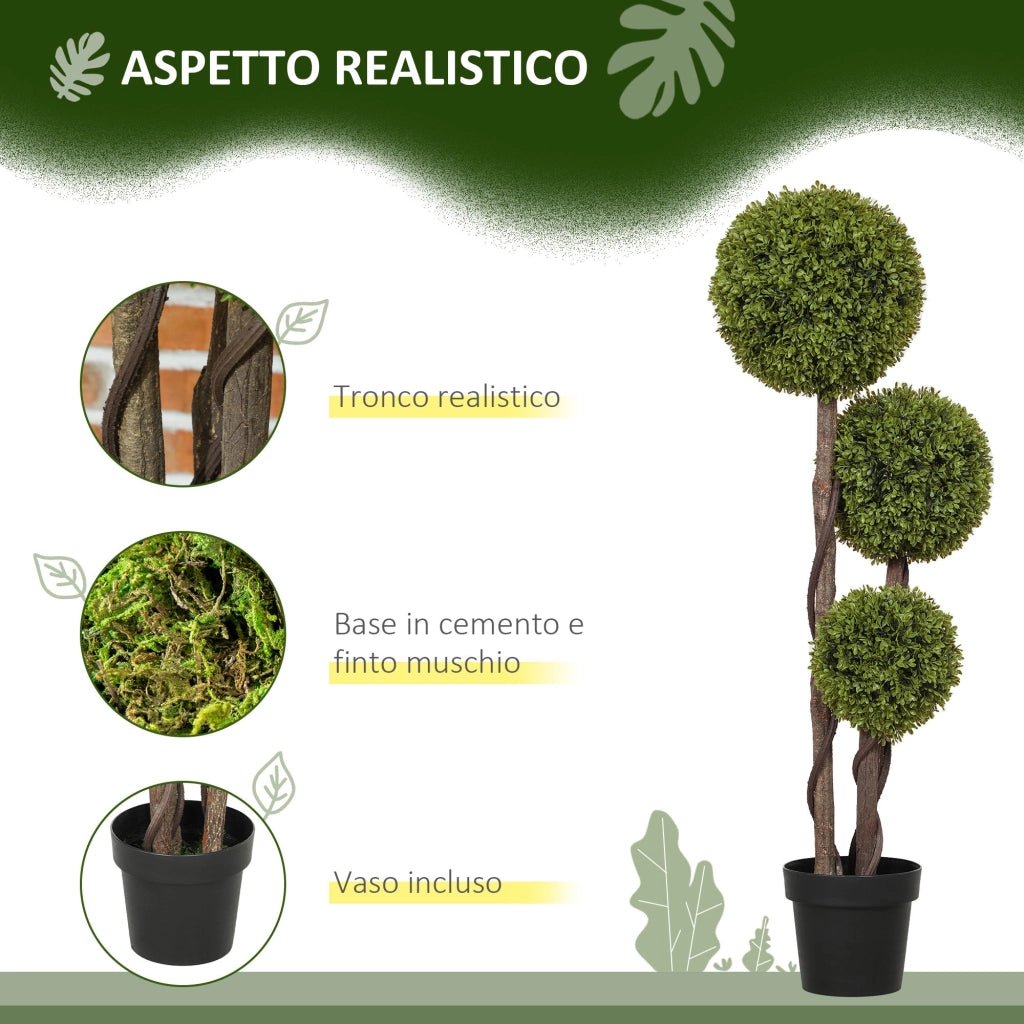 Pianta di Bosso Artificiale 115A cm a 3 Sfere con Vaso Incluso Verde
