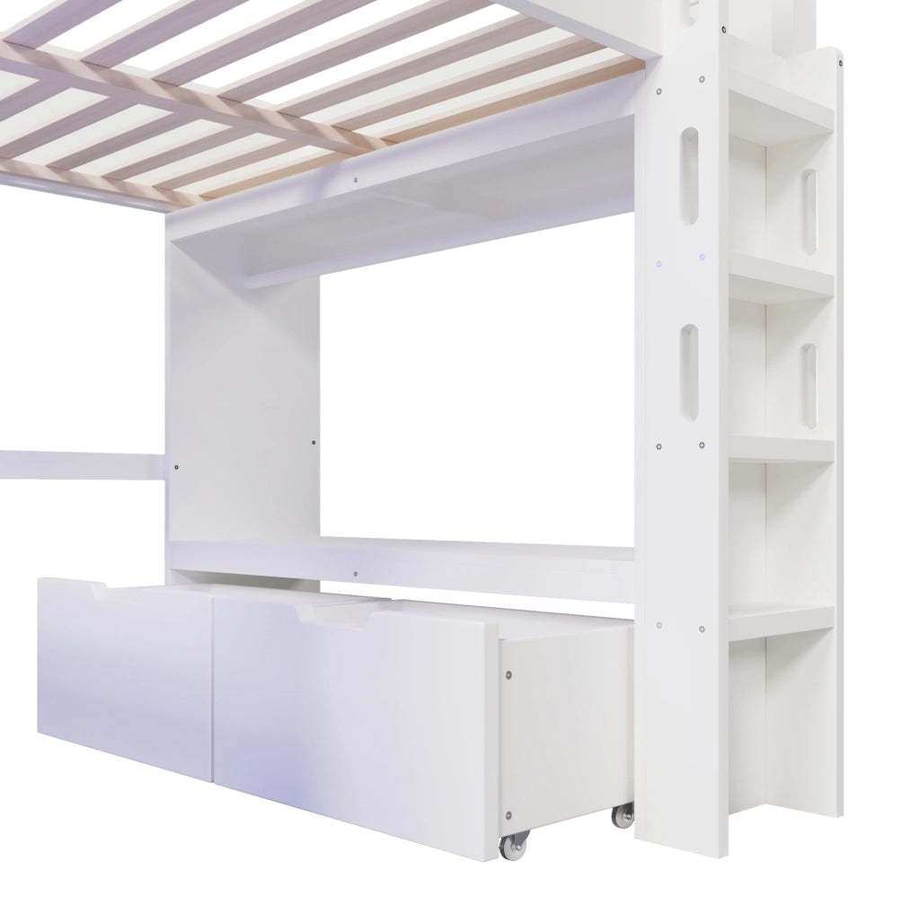 Letto a soppalco 140x200 cm con scrivania; LED; USB-C; cassetti e appendiabiti; bianco