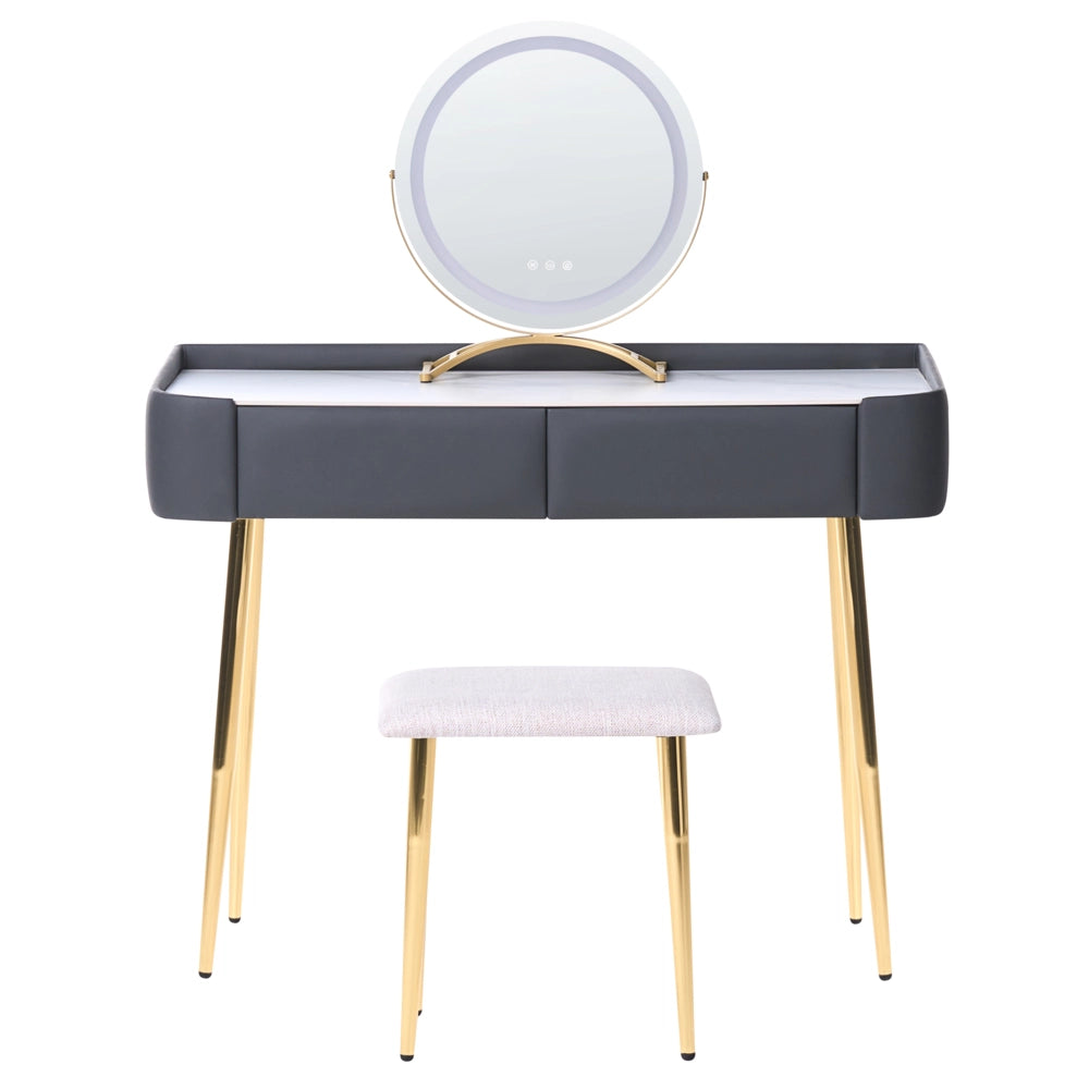Toeletta con 2 cassetti specchio LED grigio e oro con sgabello camera da letto elegante