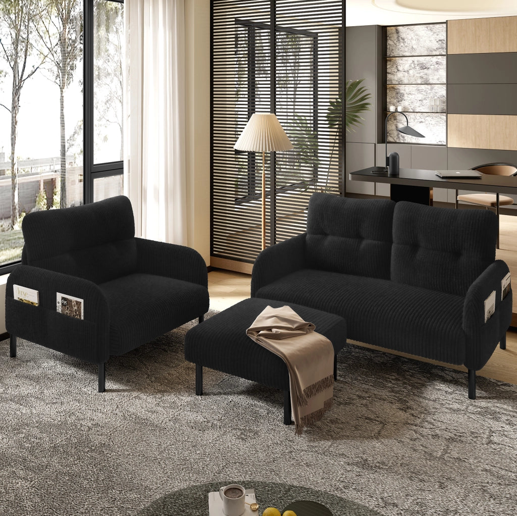 Set divano; poltrona e pouf in tessuto cord nero; 2 posti 120 x 75 x 79 cm
