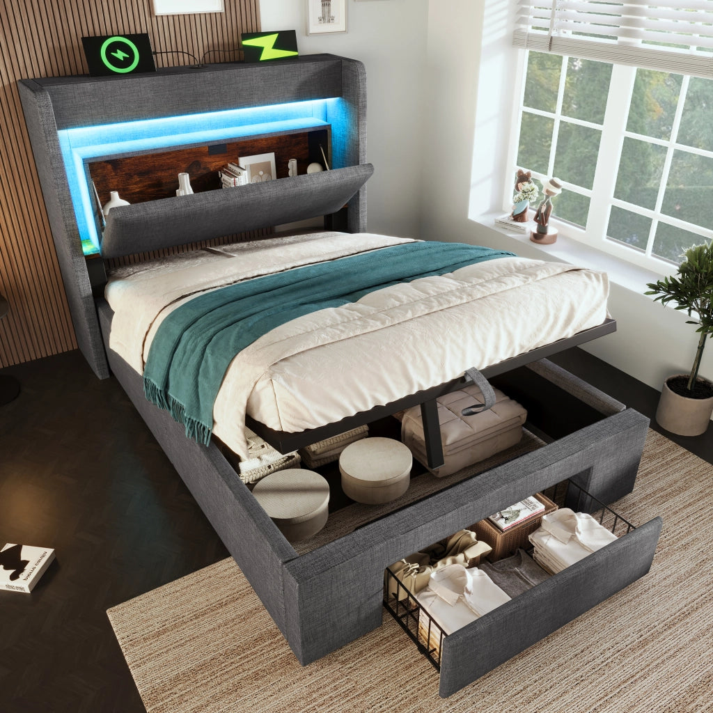 LETTO imbottito 90x200 cm con LED, porte USB e USB-C, grigio