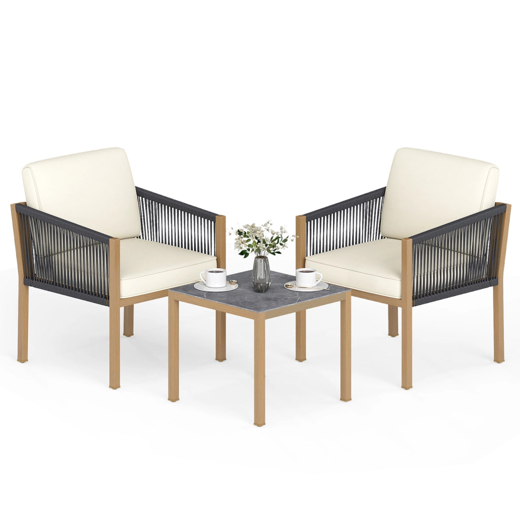 Set bistro da esterno 3 pezzi con corde intrecciate e cuscini, Tavolo e sedie per patio balcone terrazza e giardino Beige