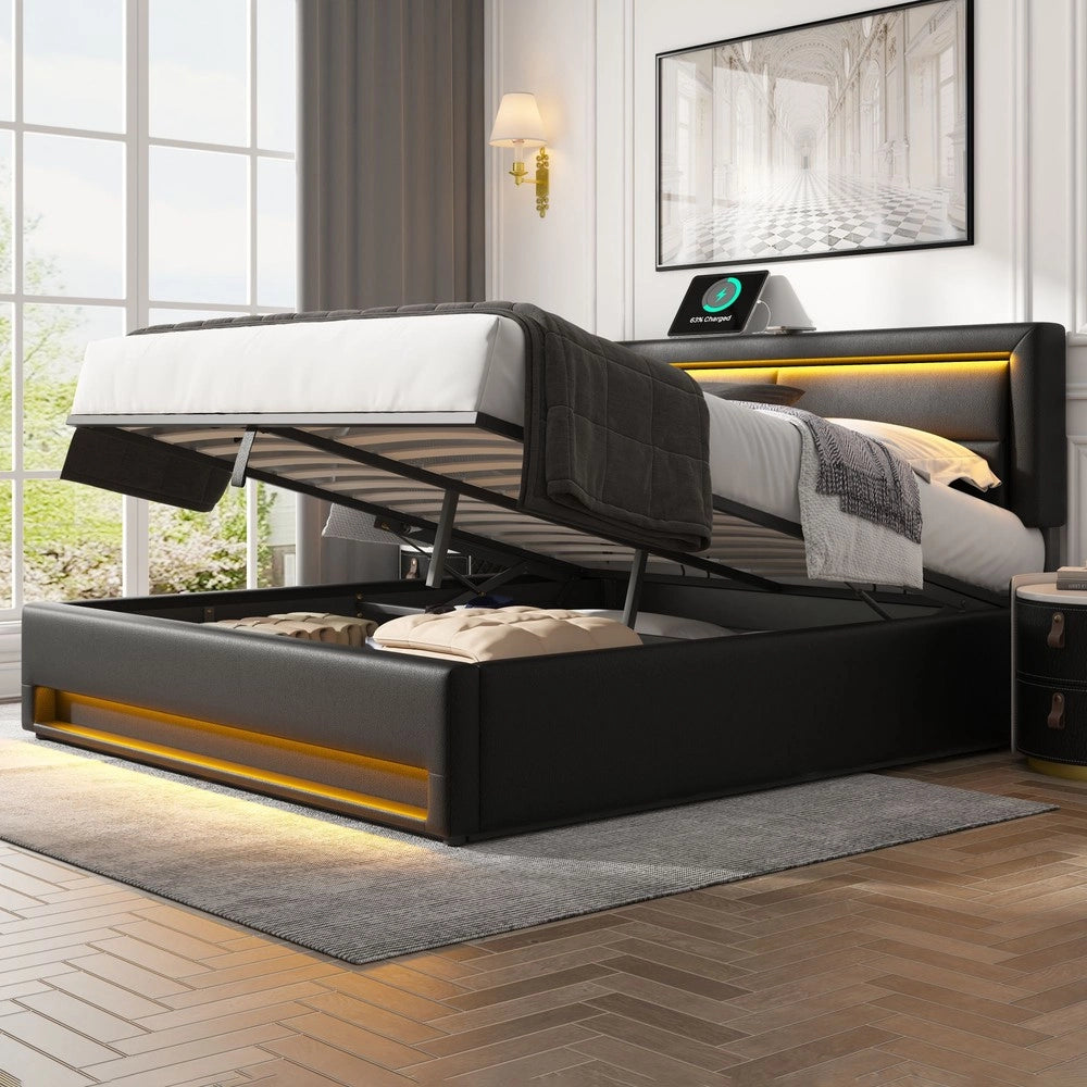 Letto Imbottito con LED e Contenitore ¨C MINIMAL ¨C Nero, 140x190, USB