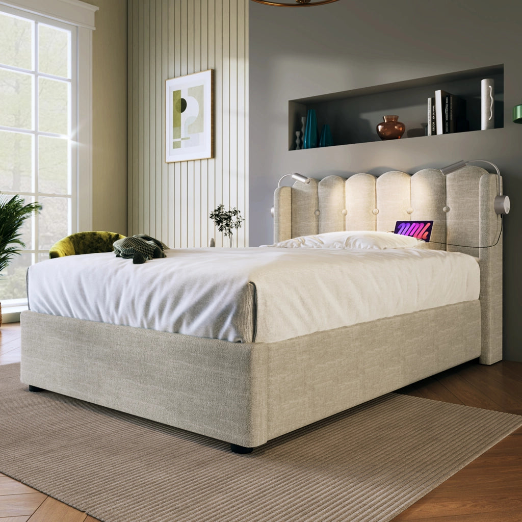 letto imbottito lino beige 90 x 200 cm