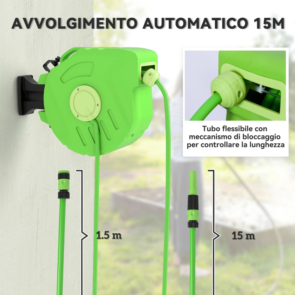 Avvolgitubo da Giardino Retrattile 15 m ¨C Minimal ¨C Verde Plastica