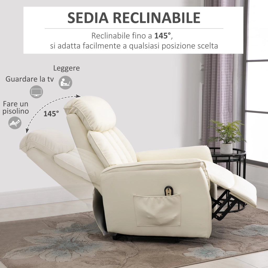Poltrona Elettrica Reclinabile Alzapersona ¨C zephmum ¨C Crema Pelle PU con Telecomando e Poggiapiedi