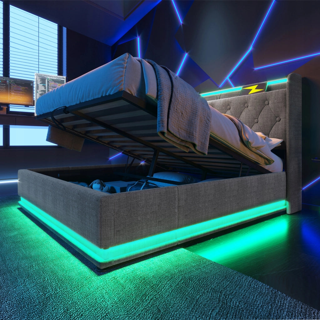 Letto imbottito 140x200 - Xylo - Grigio, idraulico, LED, USB-C