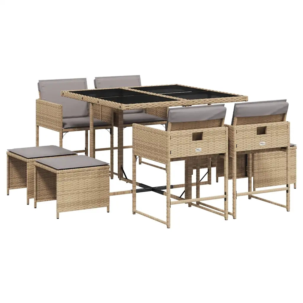 Set Pranzo da Giardino 9 pz con Cuscini Beige Misto Polyrattan
