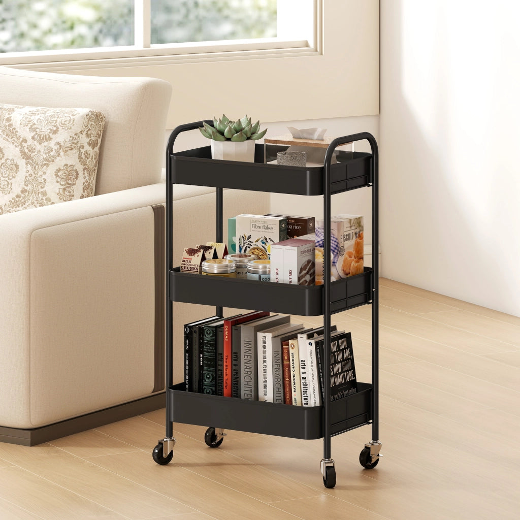 Carrello Multiuso con 3 Ripiani e 4 Ruote ¨C Minimal ¨C Nero 45x30.6x79 cm