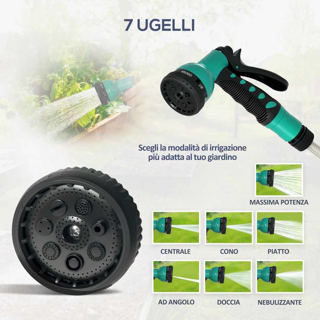 Avvolgitubo Automatico a Parete e Portatile Lunghezza 30+2 m, Sistema di Blocco e 7 Getti, Verde