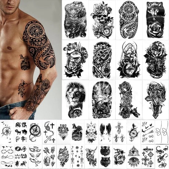 Tatuaggi temporanei 36 fogli - Stickers di tatuaggio falso - Adesivi per adulti - Tatuaggi neri - Adatti per feste - Duraturi e impermeabili - Stickers di tatuaggio 

Modello: 36V
Materiali: non specificati