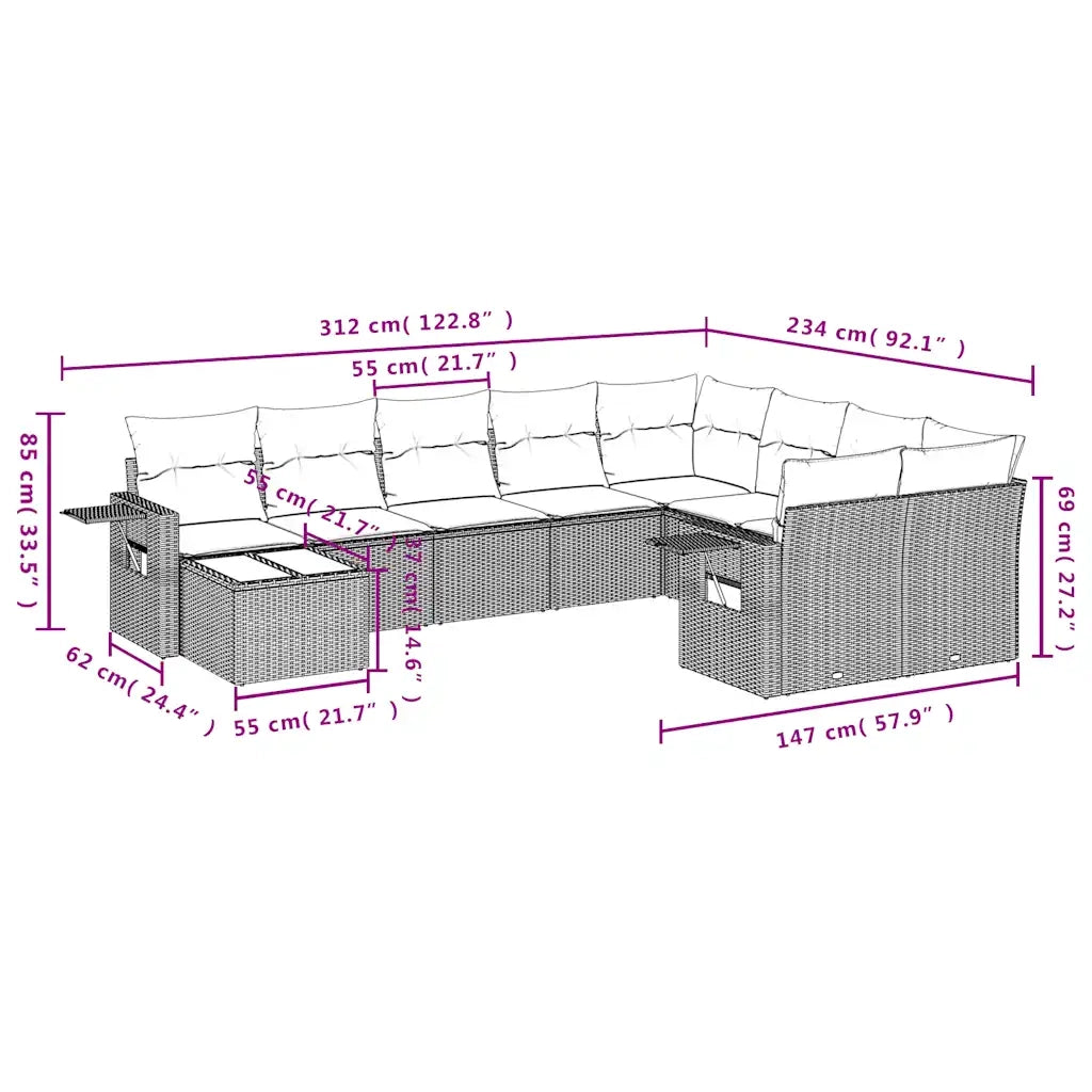 Set Divani da Giardino 10pz con Cuscini in Polyrattan Marrone 3253000