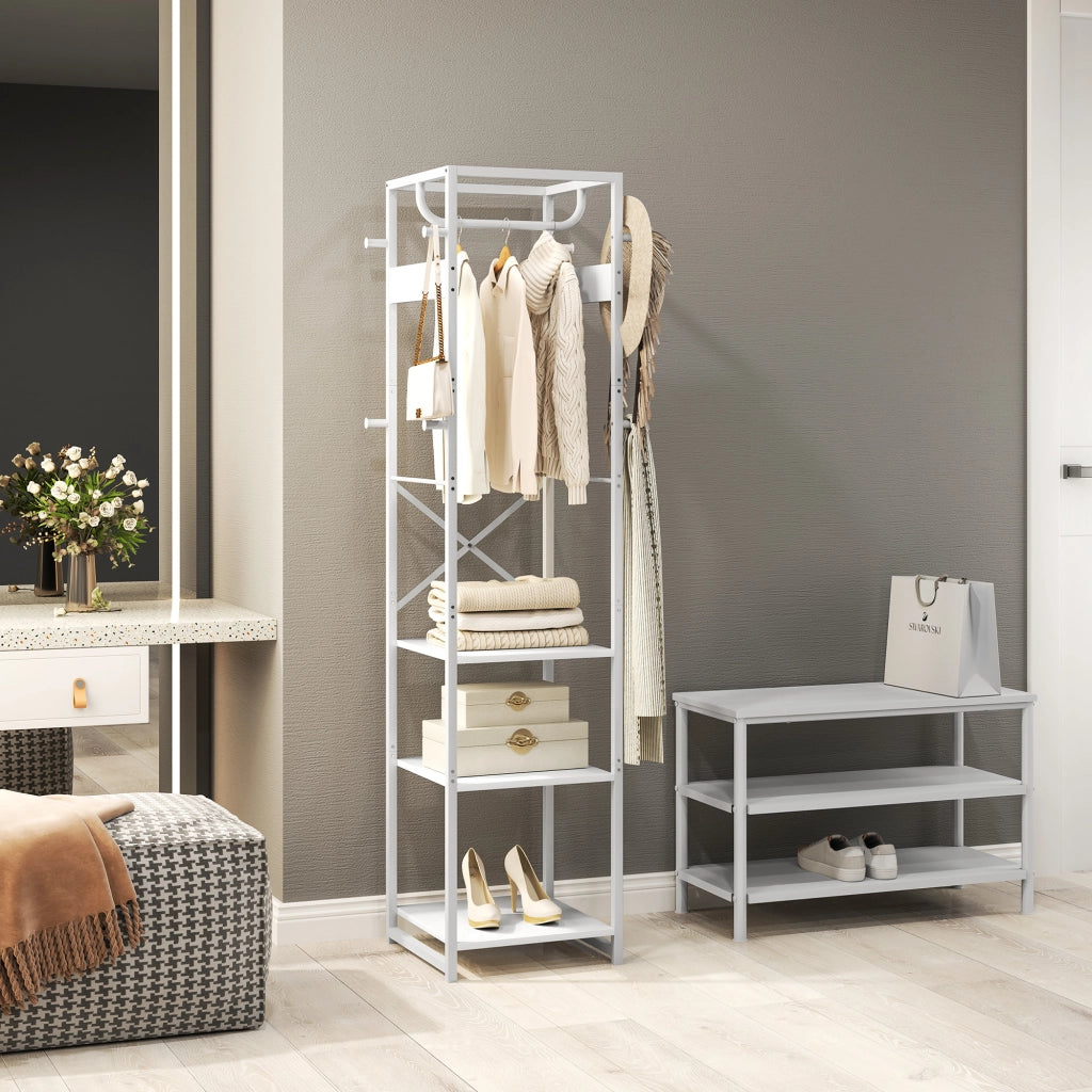 Appendiabiti con Asta e 2 Ripiani Aperti ¨C Minimal ¨C Bianco e Legno 38.5x30x170 cm