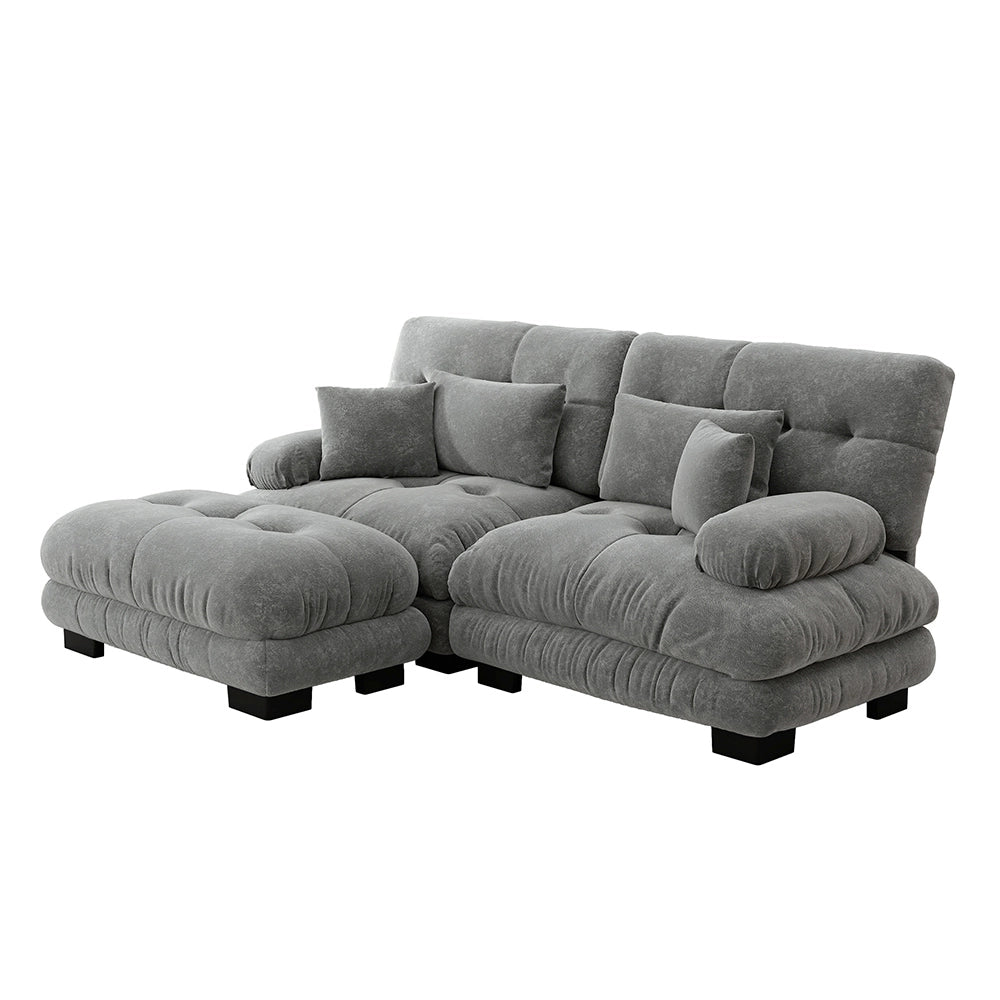 Divano angolare Cloud - Xylo - 2 posti in chenille con ampi braccioli e pouf, grigio