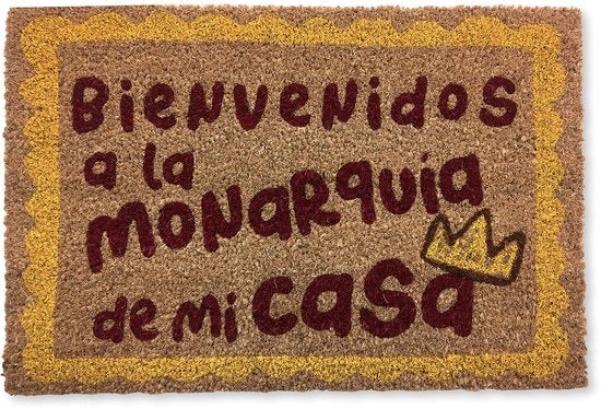 Deurmat con forma di cocco con PVC antiscivolo | Deurmat "Bienvenido a la Monarquía" divertente | Ecologico, robusto e facile da pulire | 60x40 cm per esterno e per la porta d'ingresso