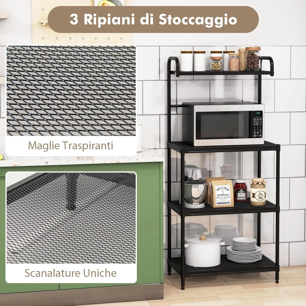 Microonde Scaffale da Cucina per Microonde in Metallo a 4 Ripiani, Carrello per Microonde Scaffalatura Organizzatore Portaoggetti, 60 x 34 x 136 cm (Nero)
