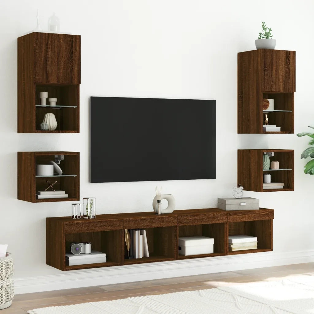Set di 2 Comodini | Armadio da Notte | Mobiletto da notte con Luci LED a Parete Rovere Marrone