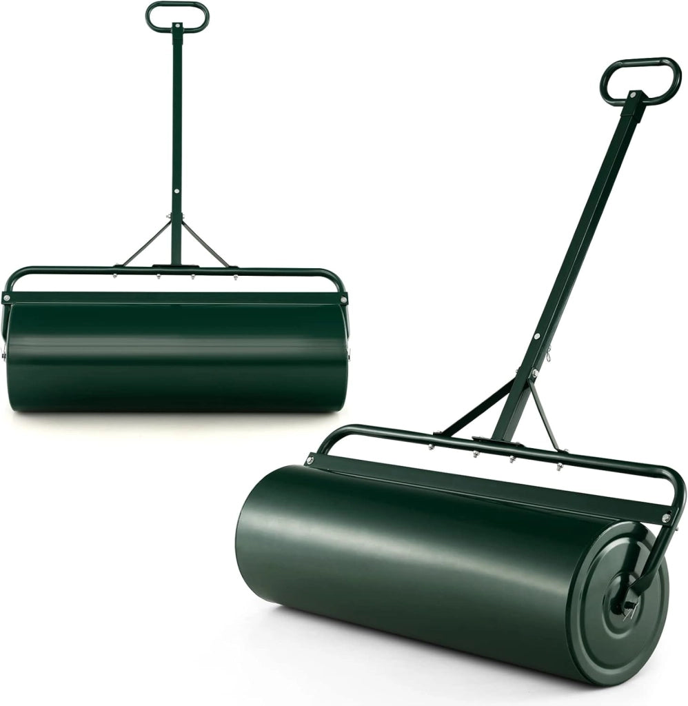 Rullo per Prato in Metallo 63 L, Rullo da Giardino 90 cm Riempibile con Acqua/Sabbia, con Gancio e Impugnatura Staccabile 137 cm, Ideale per Giardino, Prato, Parco e Fattoria (Verde)