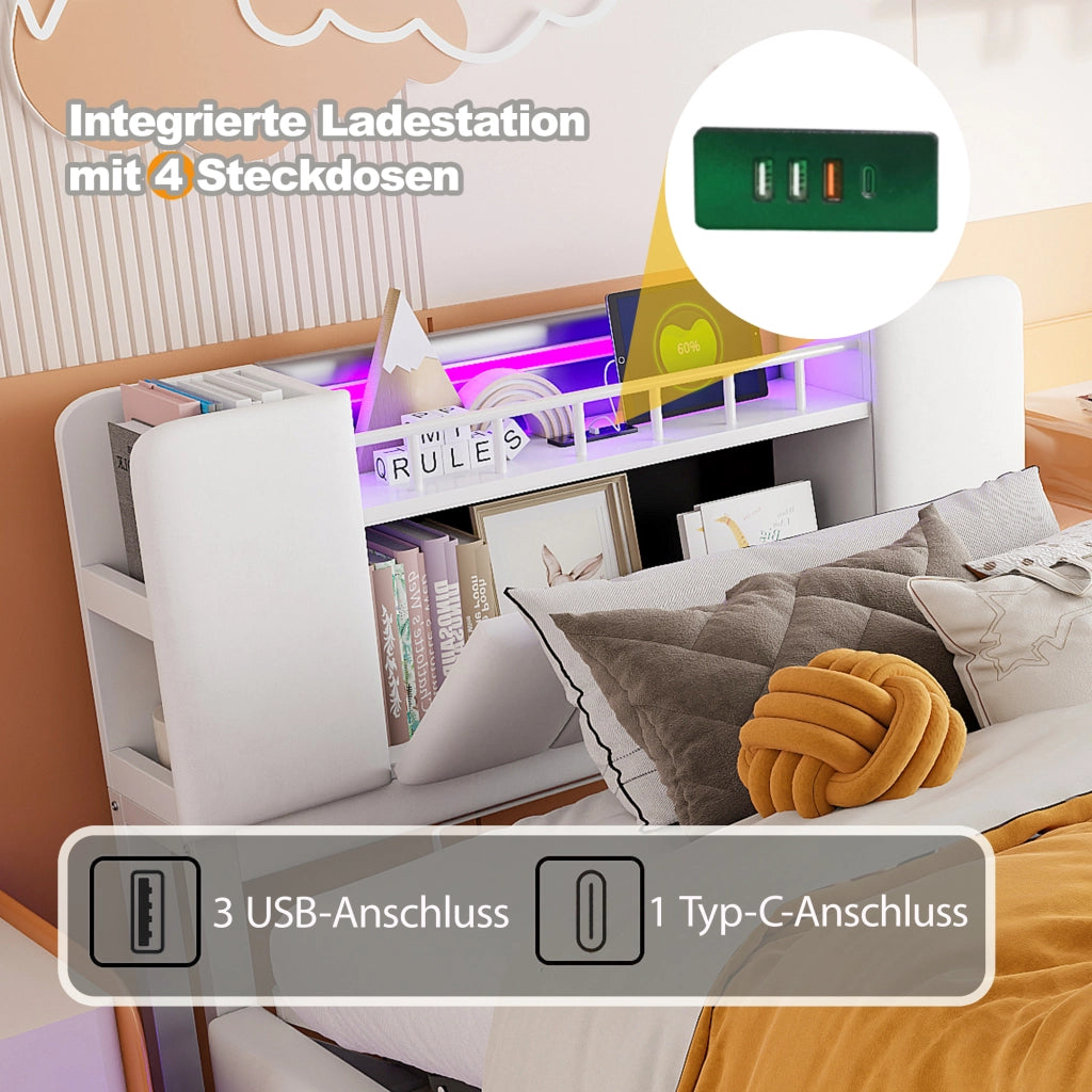 LETTO Polsterbett per bambini 90x200 cm Beige con LED, USB e contenitore