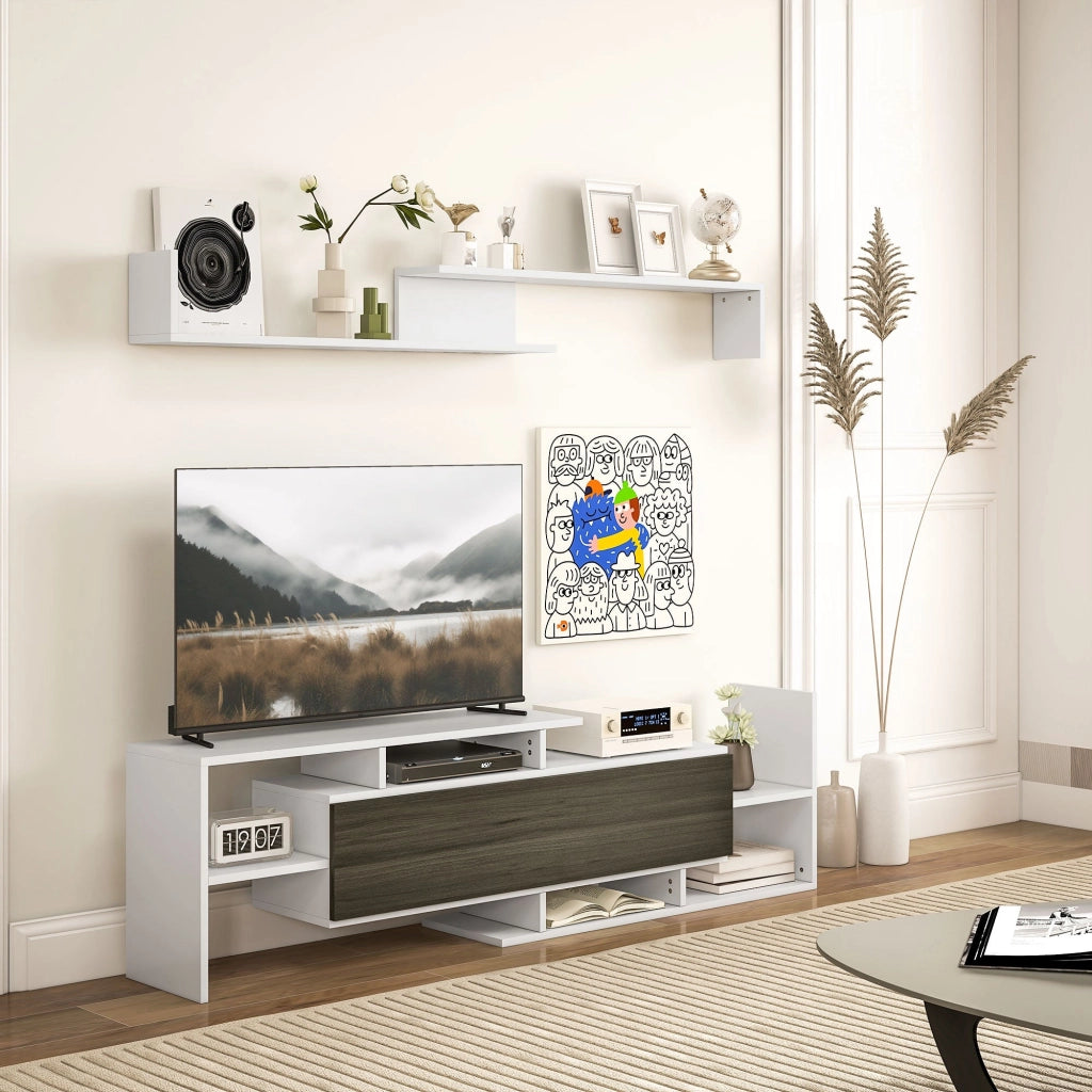 Mobile TV Ripiani e Armadietto a Ribalta con Mensola a Muro 153,6x25x42 cm Bianco e Nero