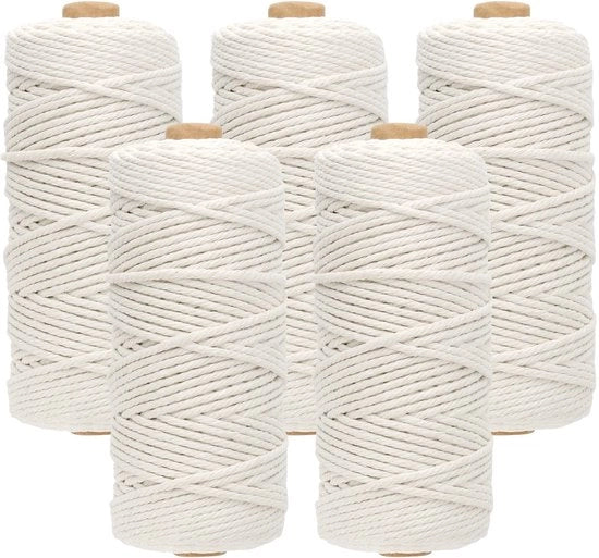 Set di corda macramé 5 pezzi - 3mm x 100m - Cotone bianco - Resistente e duraturo - Ideale per il fai da te - Bianco