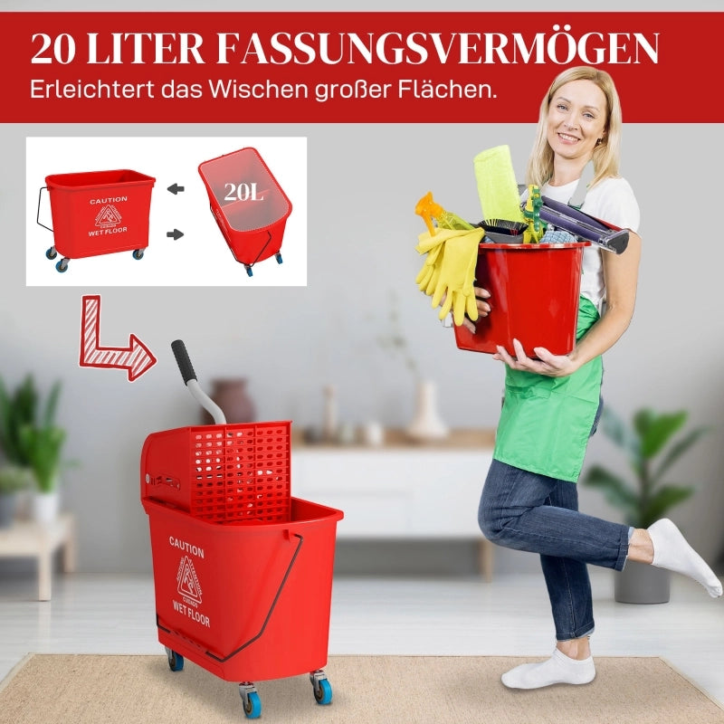 Secchio per mocio da 20 litri con strizzatore e manico, secchio per mocio su ruote, in plastica, rosso