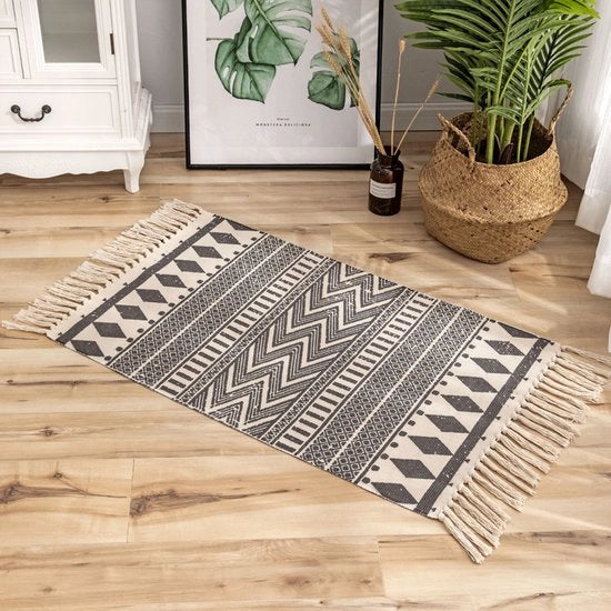 Tessuto di cotone 60x90cm Tappeto boho per soggiorno cucina ingresso Coperto con spazzola - Nero