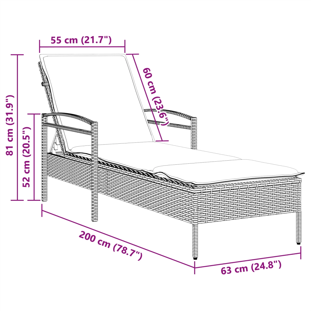 Lettino Prendisole con Cuscino Grigio 63x200x81 cm Polyrattan 368301