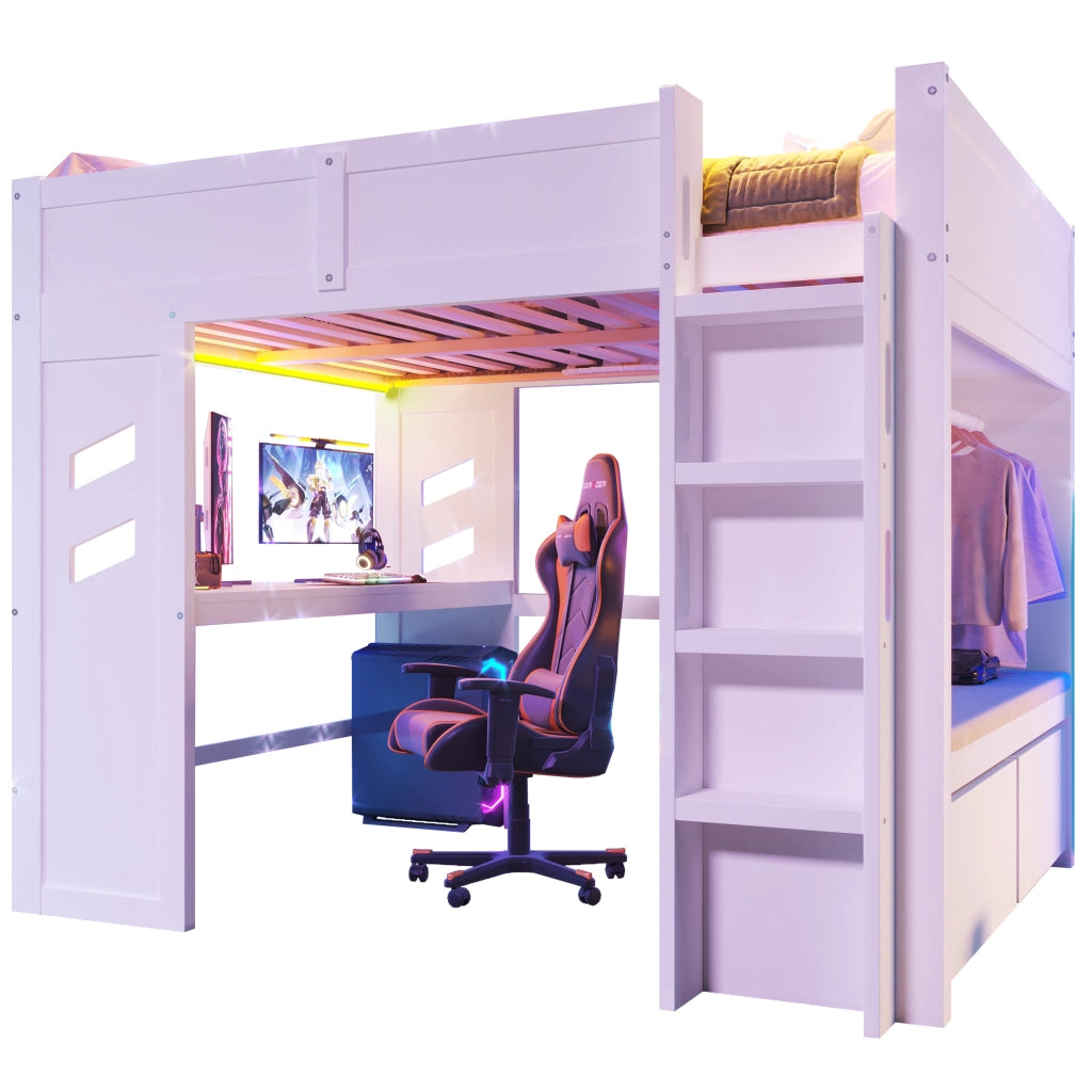 Letto a soppalco 140x200 cm con scrivania, LED, USB-C, 2 cassetti e appendiabiti, bianco