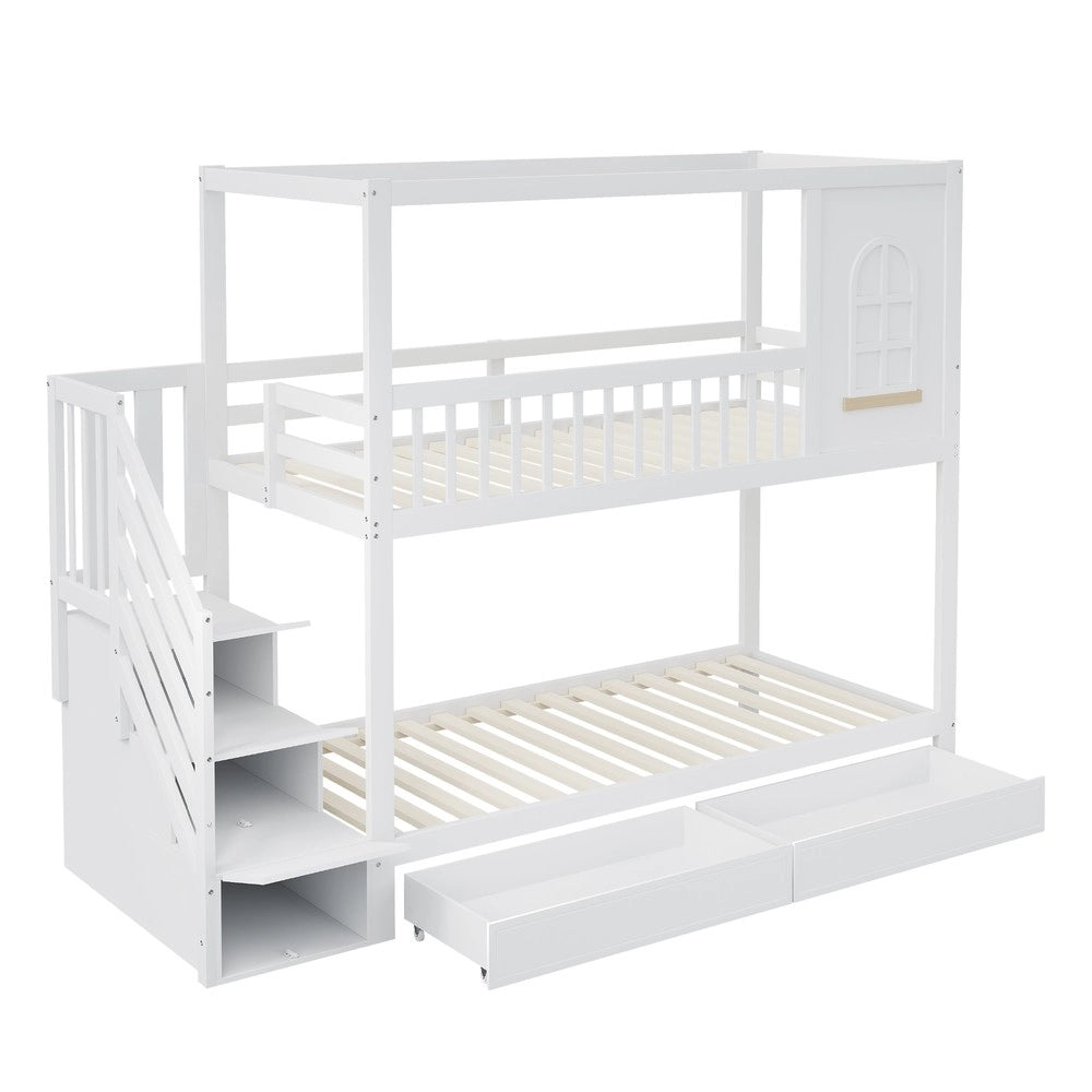 Letto a Castello Bambini in Legno Massello con Cassetti ¨C Xylo ¨C Bianco 90x200