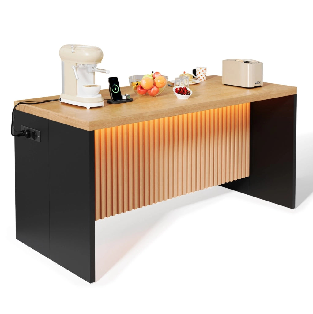 Isola cucina industrial 155x80x90 cm in MDF effetto legno e nero; con LED; prese e USB