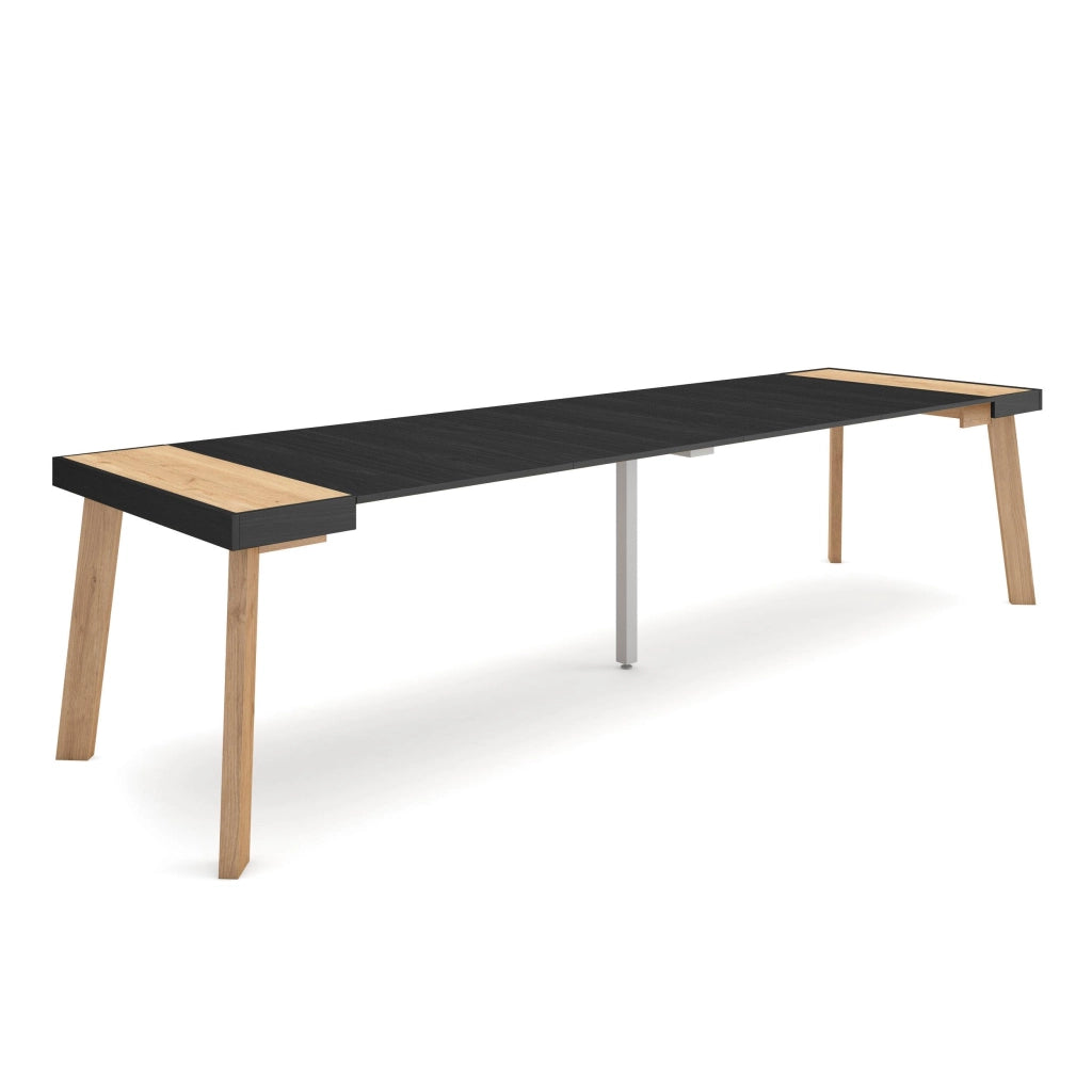 Consolle allungabile, 302x90x73cm, Per 14 persone, Gambe in legno, colore Rovere e nero RF3097