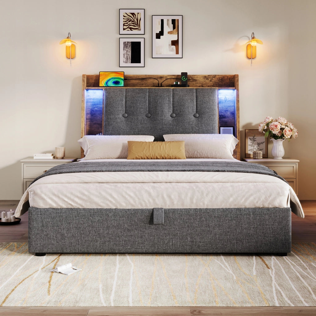 Letto imbottito singolo - Xylo - 90x200 - Grigio - Stelaio sollevabile USB-C