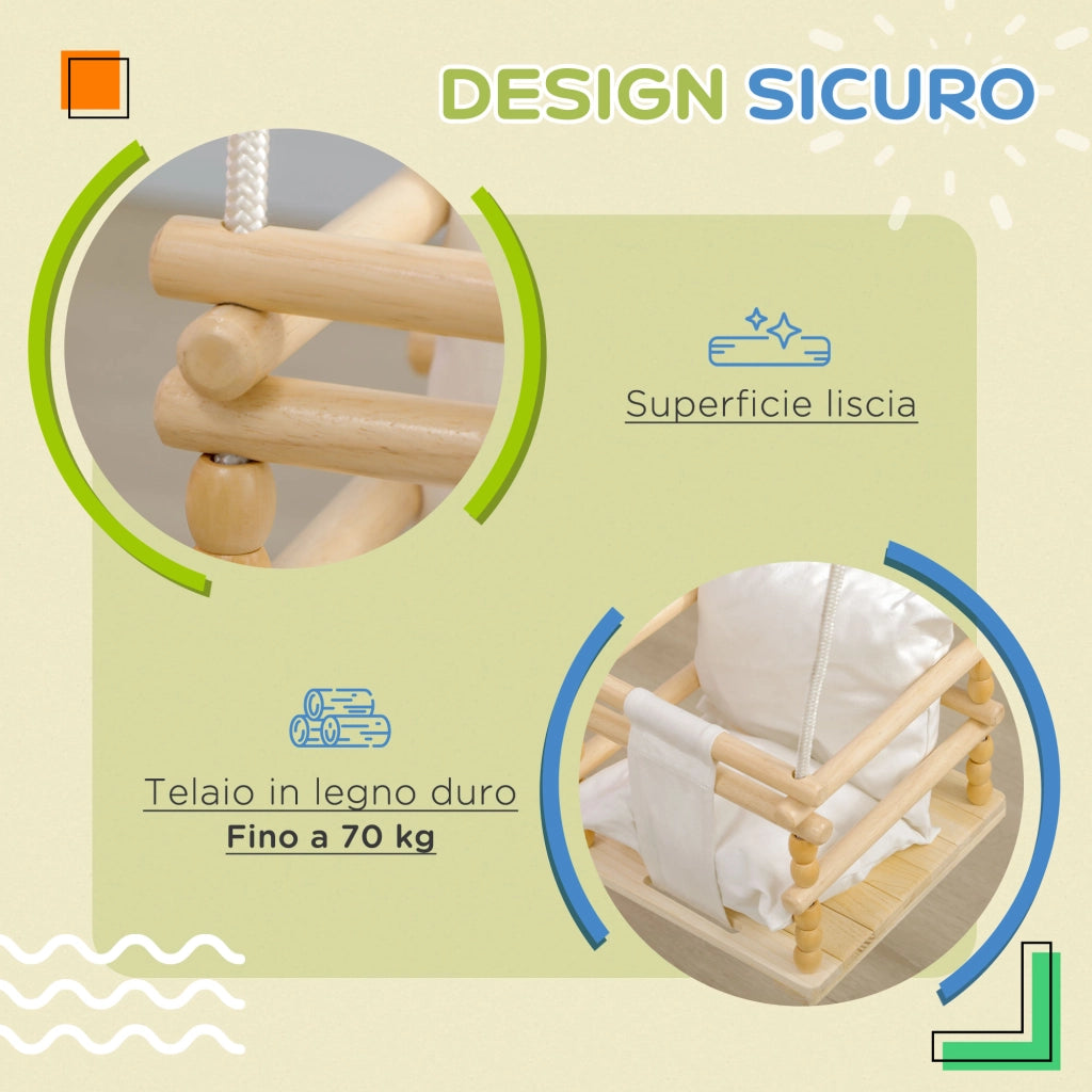 Altalena per Bambini in Legno e Cotone con Cuscino ¨C Minimal ¨C 30x30x110-180 cm