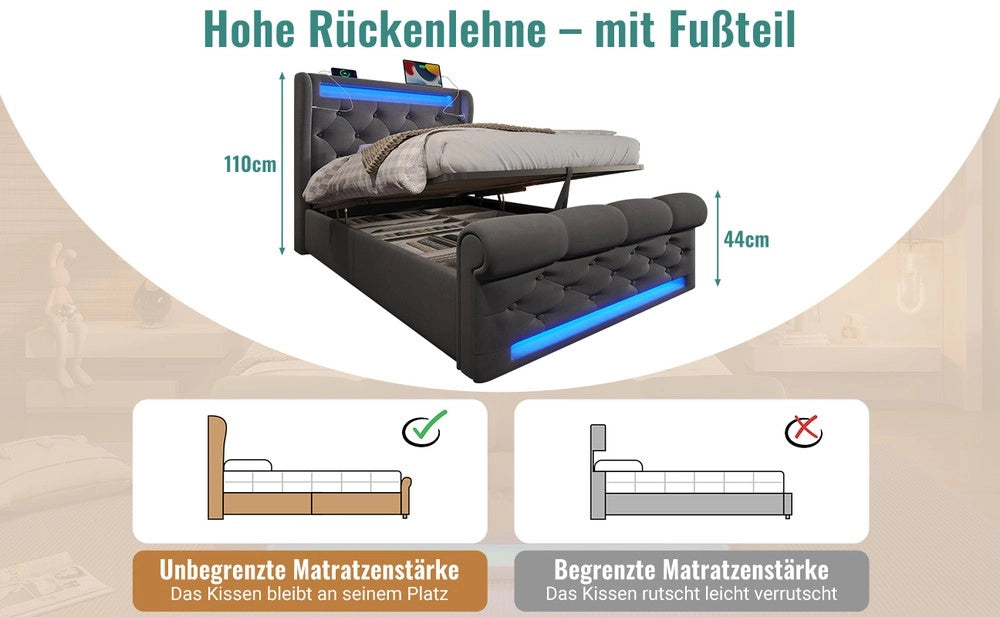 Letto Singolo Imbottito Contenitore con LED ¨C MINIMAL ¨C Grigio Velluto 90x200