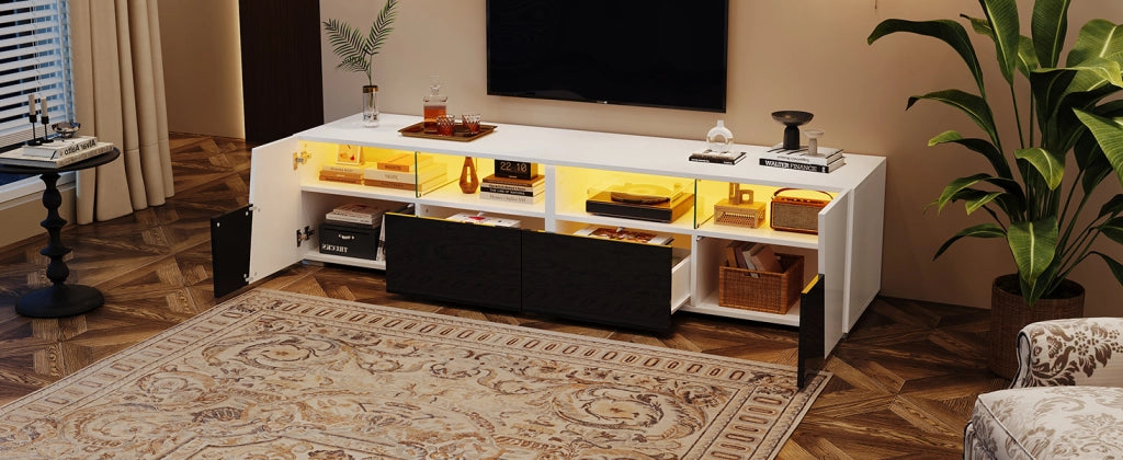 Mobile TV stand bianco e nero in MDF e vetro; lunghezza 180 cm